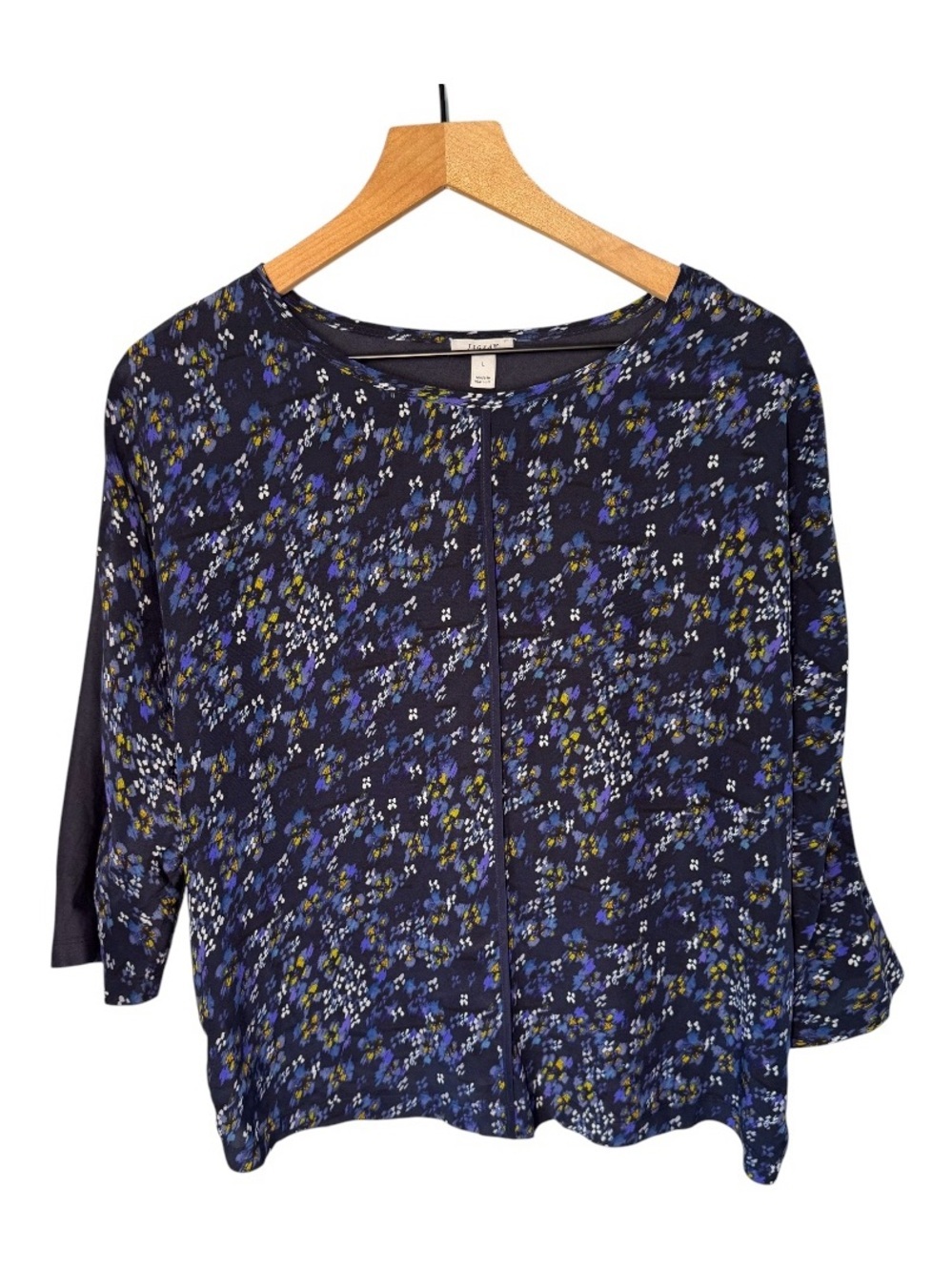 JIGSAW Australia Floral Navy Blue Silk Contrast Pattern Blouse Sz L